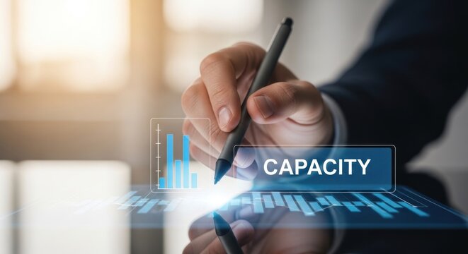 Businessman using digital stylus to interact with holographic capacity chart data analytics, for operational efficiency, resource management, corporate growth potential