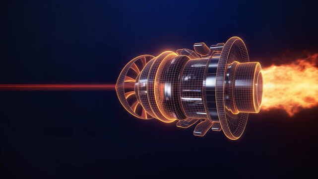 Dynamic wireframe jet engine with glowing orange exhaust flames and red laser beam, symbolizing spee