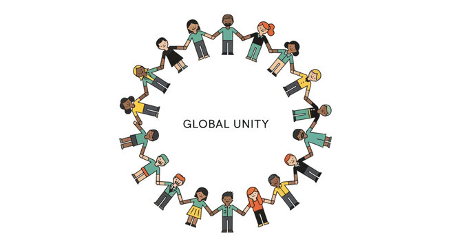 Diverse people holding hands, global unity concept, multicultural team, solidarity illustration, vector icon