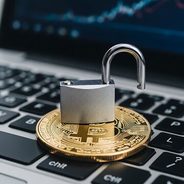 Bitcoin Security - Unlocked Padlock on Cryptocurrency, Laptop Background.