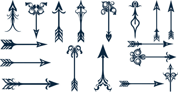 Collection of vintage ornate arrow and pointer designs for artistic or decorative use