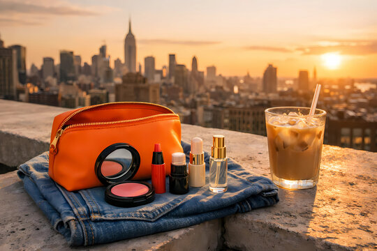 Rooftop ledge with orange cosmetic pouch. Cream blush, lip stain, highlighter, perfume. City skyline at sunset. Iced latte. No people.