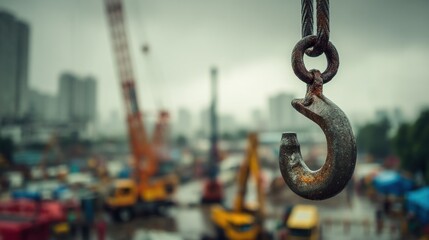 Naklejka premium Close up of a rusty construction hook on a cloudy day