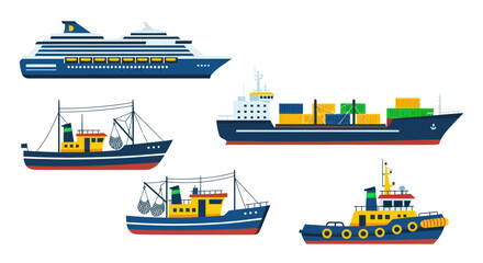 Obraz premium Diverse Marine Vessels: Cruise Ship, Cargo Ship, Fishing Boats, Tugboat