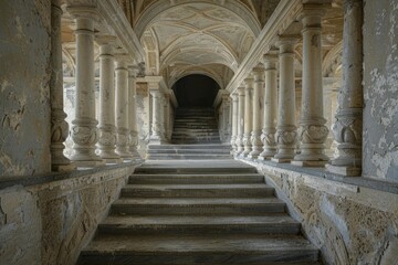 Naklejka premium Stone steps lead upward through a weathered colonnade, evoking a sense of timeless grandeur and architectural history