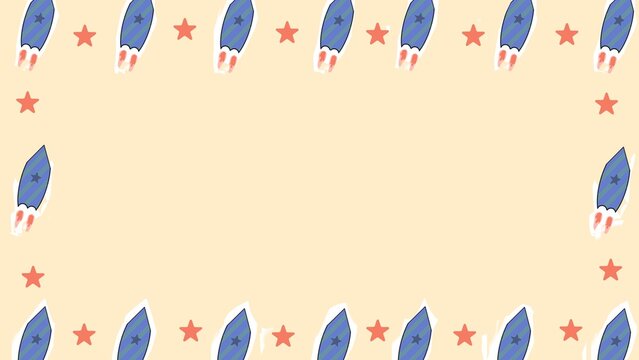 Blue rocket and star frame border. Hand-drawn style space themed illustration with empty space.