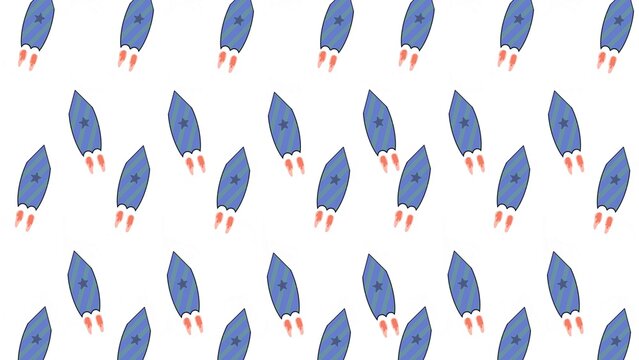 Blue rocket pattern with stars and flames. Seamless space-themed vector background for creative design.