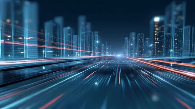 Digital motion trails rushing through a futuristic city at night