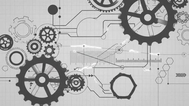 Abstract blueprint illustration of mechanical gears and engineering schematic diagrams, showcasing intricate machinery and technical precision