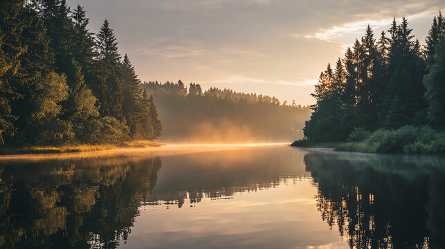 A serene river scene at dawn, surrounded by tall trees and mist, capturing the beauty of nature's tranquility.