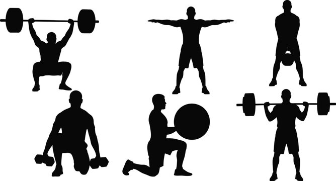 Silhouettes of athletes in various strength training poses