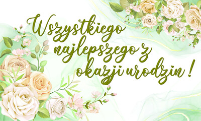 Kartka lub baner z życzeniami urodzinowymi w kolorze zielonym na biało-zielonym tle, z beżowymi i różowymi kwiatami po obu stronach. © laurence