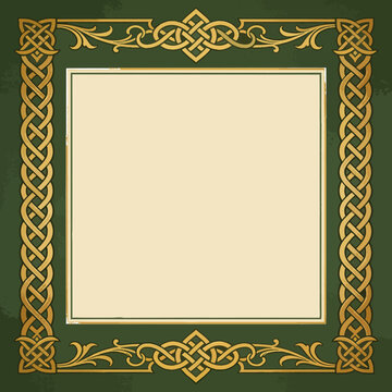 Celtic knotwork frame design with decorative elements and copy space