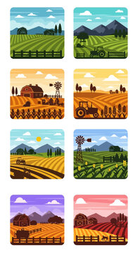 Pixel Art Farm Landscape Collection: Fields, Tractors, Barns, Windmills, Mountains, Sun