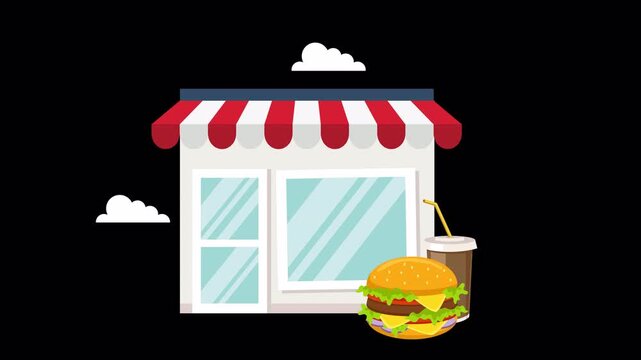 Animated Fast Food Restaurant Storefront with Burger and Soda for Delivery Diner Promo Motion Loop on Alpha Channel