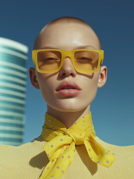 Minimal fashion portrait of woman in yellow sunglasses and neck scarf. Ideal for bold eyewear, accessory branding, and modern editorials.