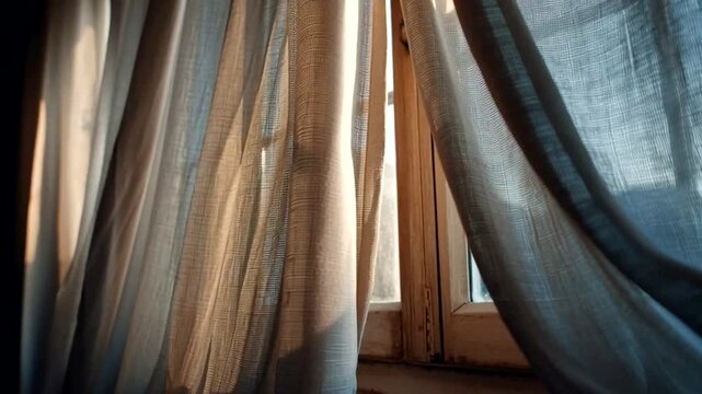 Sunlight streams through sheer curtains, casting a warm glow on a rustic wooden window frame