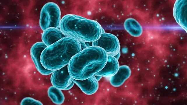 Microscopic view of bacteria and microorganisms floating within a vibrant red environment highlighting their various shapes and