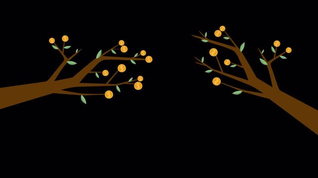 Animated Money Tree Branches with Gold Coins for Wealth Growth Investment Concept Motion Loop on Alpha Channel