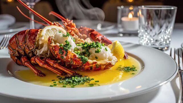 Steaming lobster on a white plate with lemon garnish, surrounded by elegant dinnerware in warm lighting