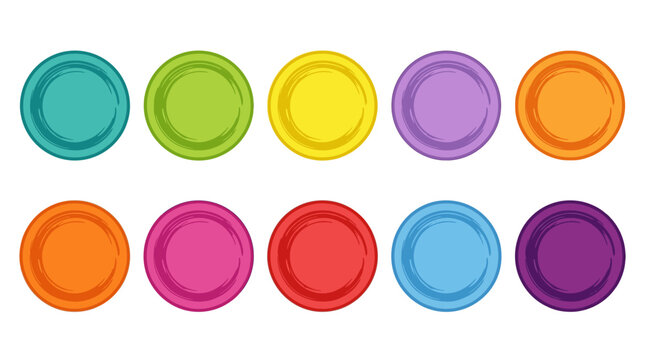 Two-row arrangement of vibrant colorful circular buttons on a white background