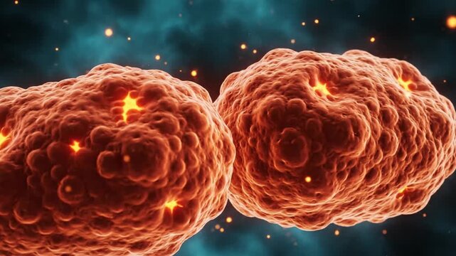 Dynamic visualization of cellular division processes in a microscopic environment showing cell growth and differentiation stages