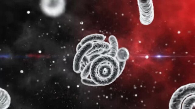 Microscopic view of spiral and cylindrical microorganisms floating in space filled with cosmic dust and red nebulae