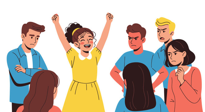 Happy Girl Celebrates Victory Surrounded by Unhappy Crowd