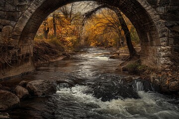 Naklejka premium Scenic view of a river flowing under an old stone bridge, surrounded by colorful autumn foliage