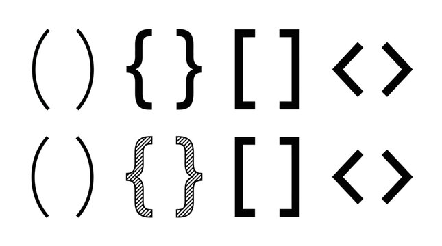 Set of punctuation marks including parentheses, curly braces, square brackets and angle brackets in black and gray decorative typography