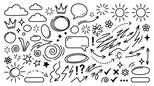 Hand-drawn doodle icon set featuring sun, clouds, crowns, arrows, leaves, flowers, lightning and tech devices in monochrome lineart style