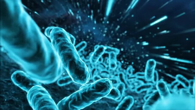 High-resolution microscopic view of bacteria and germs in vibrant blue hues illustrating microbial environment