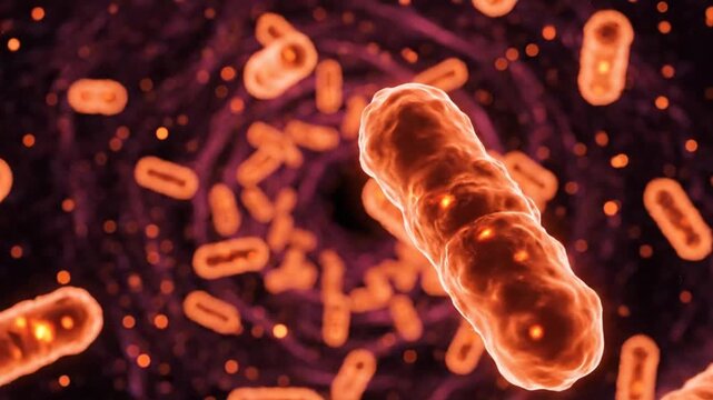 Microscopic view of bacteria and microorganisms floating in a vibrant, glowing environment illustrating microbial activity in a
