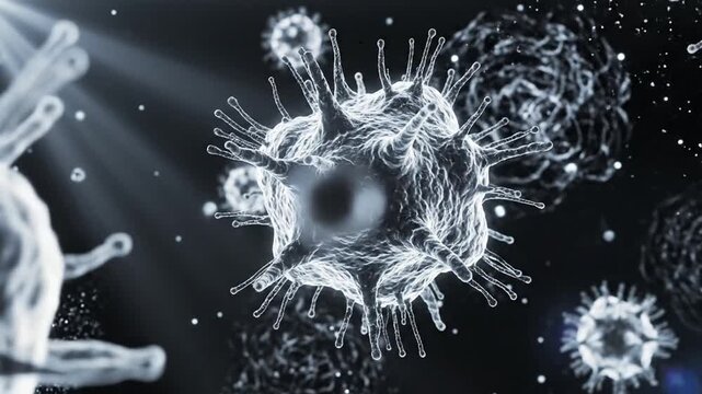 Microscopic virus particles under a high-tech digital microscope with intricate structural details