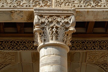 Naklejka premium Ornate capital of a column and lintel showcasing detailed stone carvings, highlighting architectural craftsmanship