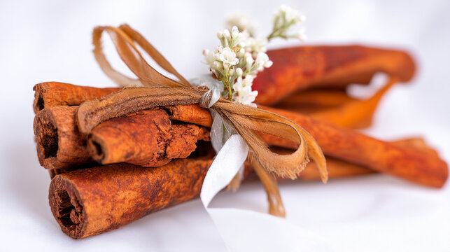 Cinnamon sticks bundle tied with ribbon and decorated with white flowers