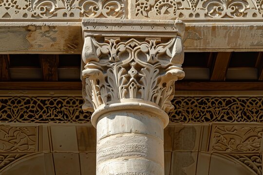 Ornate capital of a column and lintel showcasing detailed stone carvings, highlighting architectural craftsmanship