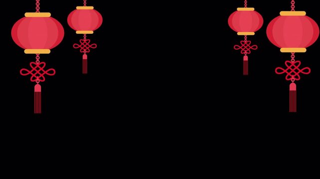 Animated Hanging Red Lantern Border Decoration for Lunar New Year Festival Frame Motion Loop on Alpha Channel