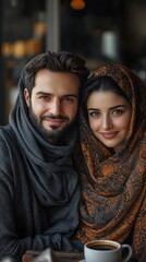 Fototapeta premium Close-up portrait of a young couple, embracing gently. They are seated at a table, coffee cup visible