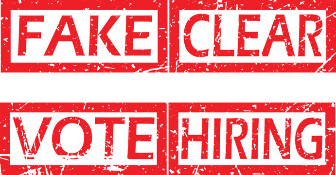 Four rectangular red rubber stamps with distressed grunge texture featuring the words f a k e c l e a r v o t e and h i r i n g in bold capital letters on a white background