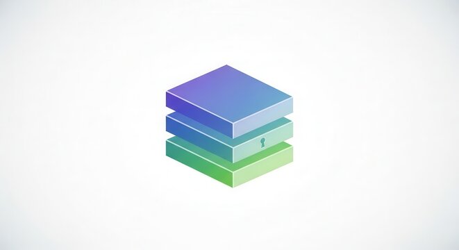 Gradient stacked isometric blocks with security keyhole icon indicating data protection and