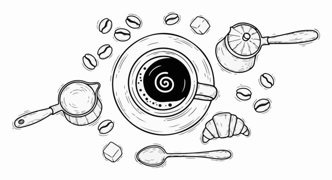 A black and white sketch of a coffee cup with swirling foam, beans, sugar cubes, and croissant