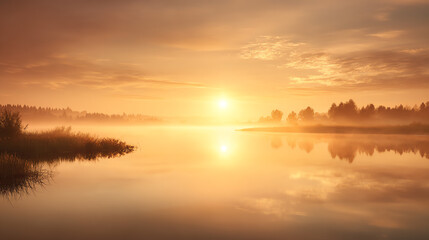Fototapeta premium A serene sunrise over calm water, reflecting warm colors and misty trees, creating a peaceful natural scene.