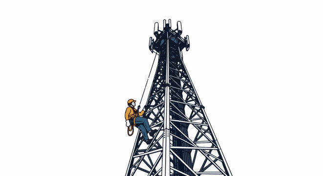 Worker rappels down tall cell tower with antennas against white sky