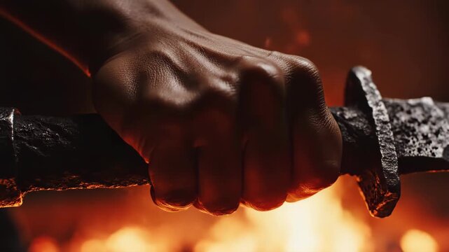 A Close-up Shot of a Hand Gripping a Medieval Sword With a Fiery Background, Suggesting a Blacksmith&rsquo;s Forge or a Battle Scene.