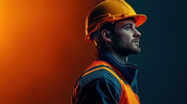 Minimalist wide banner composition for Building Safety Month, left side shows heroic construction safety worker in hard hat looking into distance