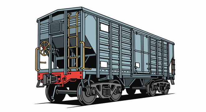 A cartoon illustration of a light blue freight train car with a yellow ladder and red front