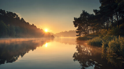 Fototapeta premium A serene sunrise reflecting over a calm river, surrounded by lush trees and fog, creating a peaceful nature scene.