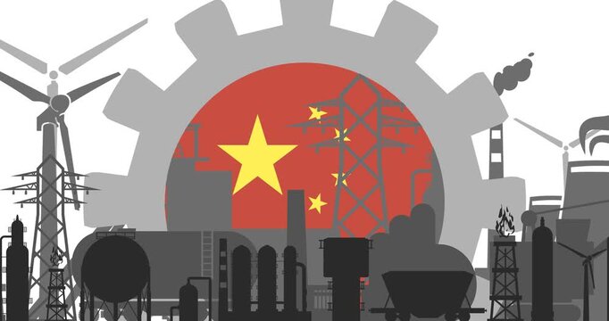 Industrial plant and manufacture buildings. Energy generation and heavy industry. Flag of China in turning gear. Sustainable energy generation. Heavy industry metaphor animation.