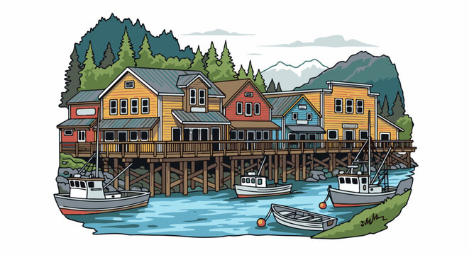 Colorful waterfront buildings on stilts with fishing boats in the water